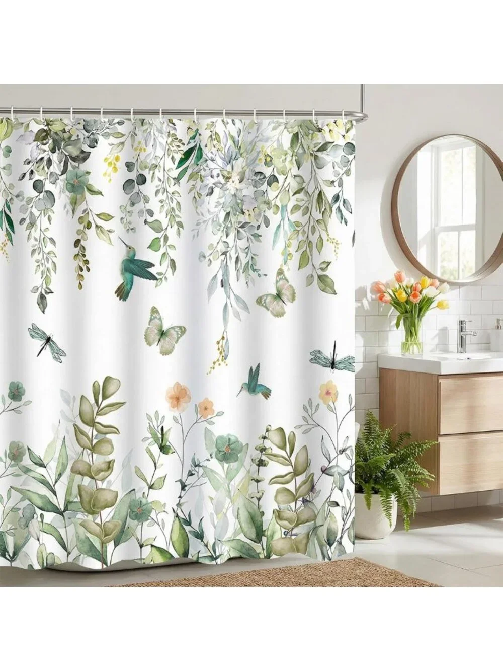 Botanical Shower Curtain - Sage Green Eucalyptus Leaves & Birds, Waterproof
